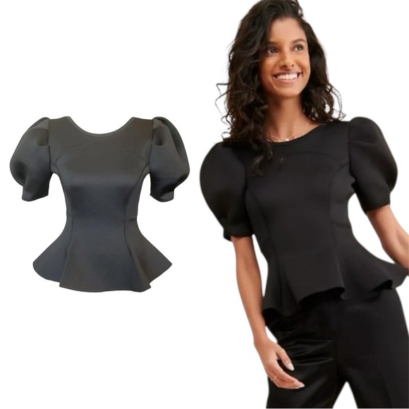 NWT Amanda Uprichard Puff Sleeve Peplum Elegant Black Sculpted Top 0134 - Picture 1 of 11